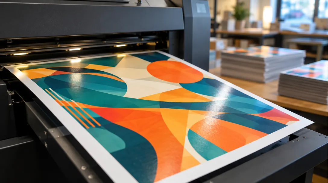 A freshly printed sheet coming off a digital press