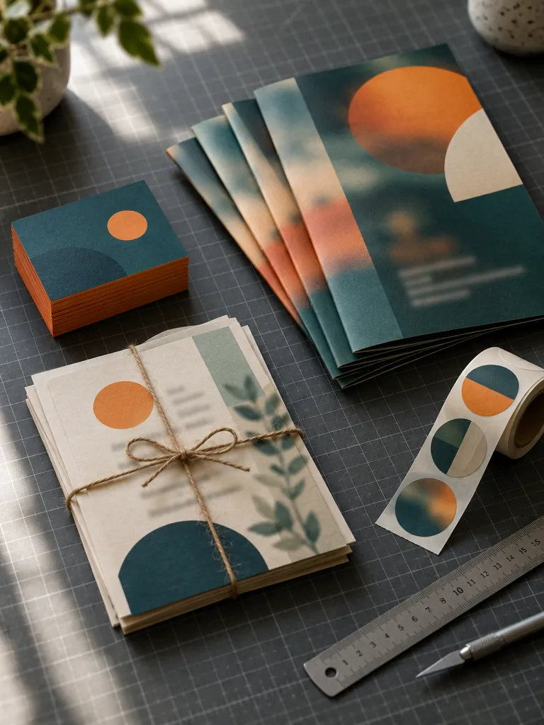 Printed cards, flyers and stickers on a cutting mat